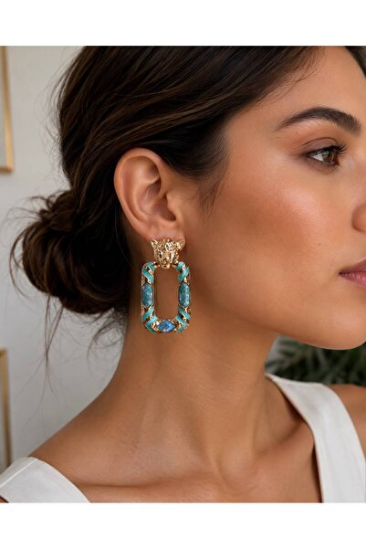 ANKA JEWELLRY Leopard Head Detail Turquoise Stone Geometric Statement Women's...