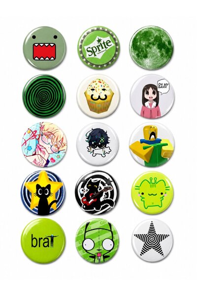 Punky Store Trend-18-15'li Yeşil Anime Kawaii Rozet Seti Karakter Desenli Pop...