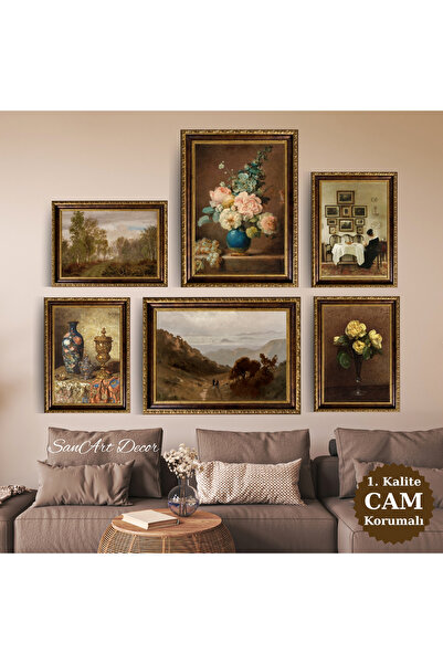 Sanart Çerçeveli Vintage Yağlı Boya Tablo Seti, 6 Parça Çerçeveli Tablo Seti,...