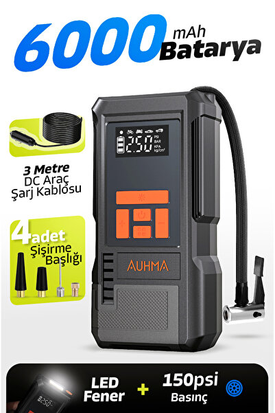 auhma A9922 Taşınabilir Şarjlı Hava Pompası 150 PSI 6000 mAh LCD Göstergeli L...