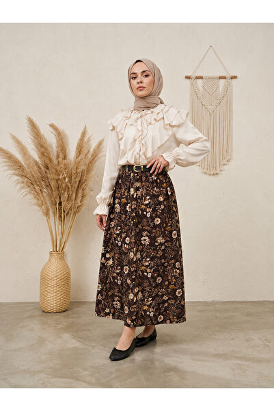 Generic Brand Belt Detail Floral Pattern Skirt-Brown