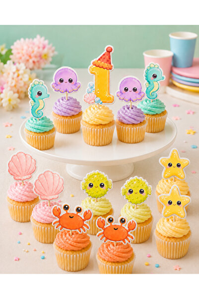 furikraft.co Deniz Temalı 1 Yaş Kürdanlı Cupcake Süsü 13'lü Set – Doğum Günü,...