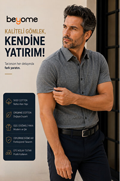 Beyome Linen Keten Klasik Kısa Kollu İki Cepli Kapaklı Gri Baba Gömleği (Regu...