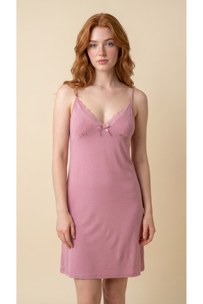 Arzey Dusty Rose Viscose Lace Detailed Short Sleeve Nightgown
