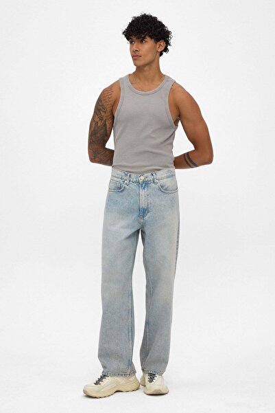 Erkek Loose Fit Açık Mavi Kar Yıkamalı Jean Pantolon Rahat Kot Pantolon