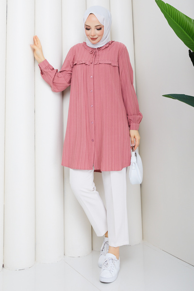 Pamuk Butik Kadın Yaka Detaylı Fırfırlı Robalı Gömlek