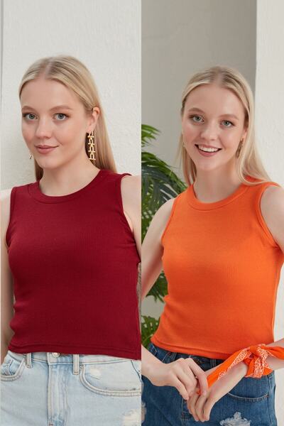 Feyece Women's Claret Red Orange Halter Neck 2-Piece Crop Blouse