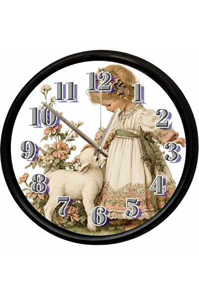 Caseras Vintage Girl and Lamb Themed Decorative Wall Clock 28 cm Silent Mecha...