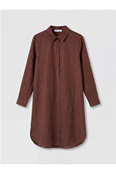 LC Waikiki νέα σεζόν Καφέ Oversize 100% Λινό Γυναικείο Πουκάμισο Τουνίκ