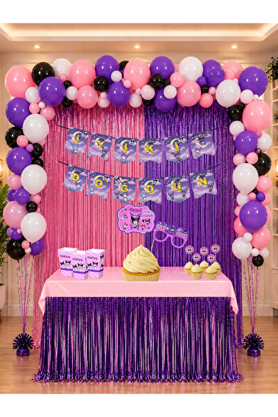 HAPPYLOOPPARTY Kuromi Birthday Party Celebration & Curtain Table Skirted Ball...