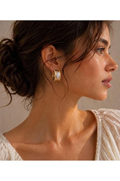MonCheriAccessoire 14K Altın Kaplama Zirkon Taşlı Kalın Halka Küpe