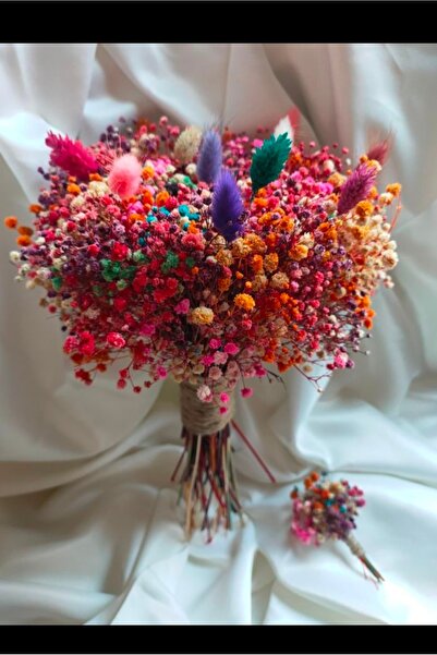 Handmade Rengarenk şoklanmış cipsodan Gelin buketi damat yaka çiçeği hediyeli