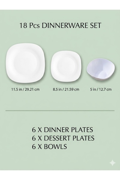 Zinora 18 Pcs Opal ware Dinner Set 6 x Dinner set, 6 x Dessert plate, 6 x Bow...