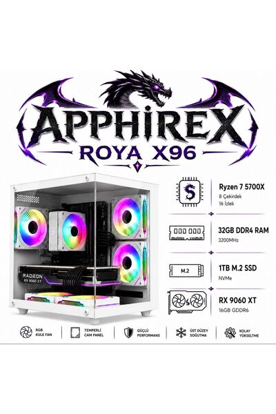 Apphirex ROYA X96 Ryzen 7 5700X 32GB RAM 1TB M2 SSD RX9060XT 16GB Masaüstü Oy...