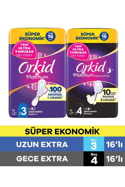 Orkid Platinum Gece Extra (Boy 4) 16 Adet + Uzun Extra (Boy 3) 16 Adet Ekonom...