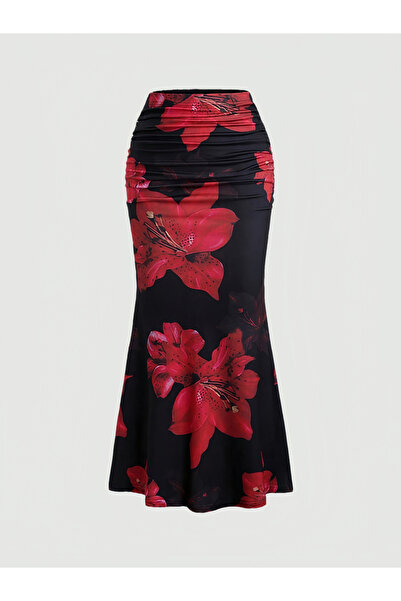 Take Two By Styli Black Floral Bodycon Maxi Skirt