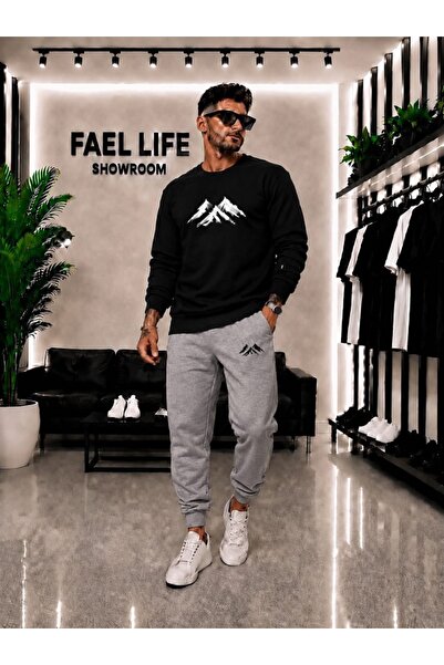 FAEL LİFE Unisex Wide Cut Zero Neckline and Sweatpants Mountain View Printed Set