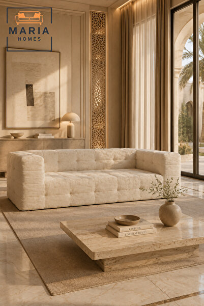 MARIA HOMES Modern Beige Upholstered Sofa Couch Comfortable Living Room Seati...