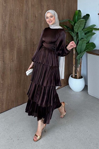 Hazamoda Rumela Layered Satin Dress Brown