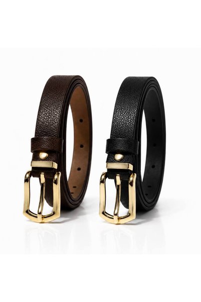 ELVEA Women's Thin Belt Set of 2 Seyah Brown Faux Leather with Gold Buckle