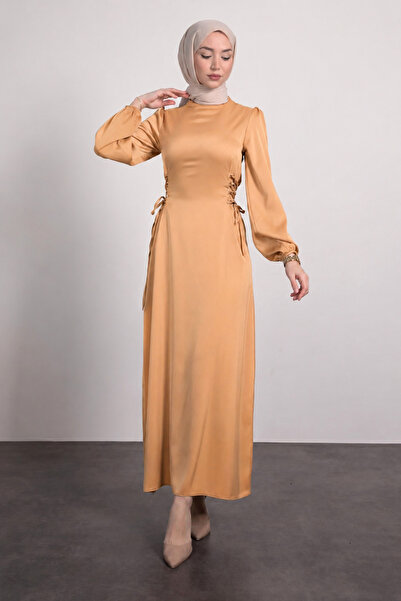 Tesettür Diyarı Women's Side Tie Satin Hijab Evening Dress - Melon