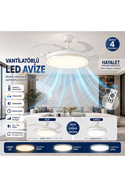 Elektroyou Mistral Yeni Hayalet Pervaneli Vantilatörlü Ledli Avize Tavan Vant...