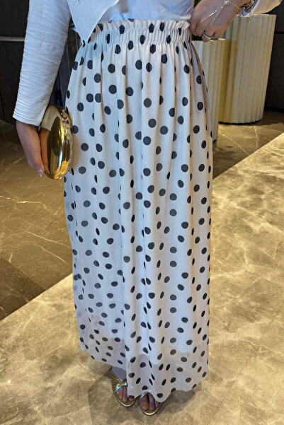 İmajButik Cream Waist Elastic Polka Dot Chiffon Skirt
