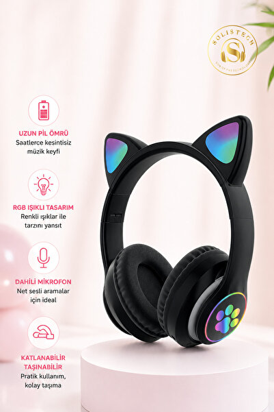 Solistech Kablosuz Bluetooth Led Işıklı Çocuk Kedi Kulaklık Şık Mikrofonlu Hafıza Kart Destekli Şarj Ve Aux Kablo Hediyeli