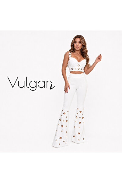 vulgariromania Costum elegant auriu pentru femei, alb, cu top și pantaloni ev...