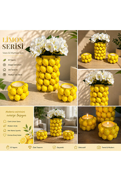 BUDOOS Limonlu Dekoratif Vazo ve 2'li Mumluk Seti