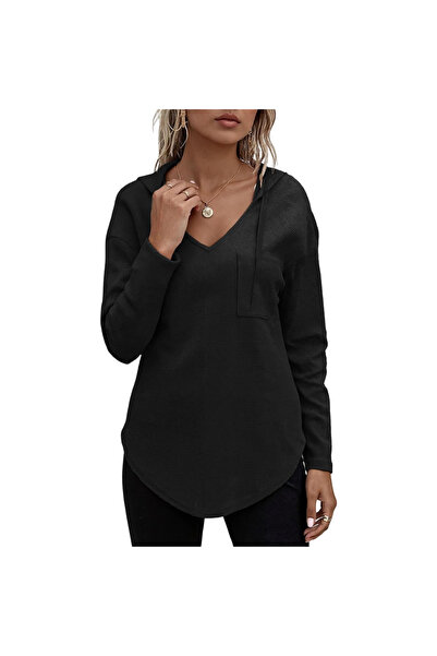OEM Hanorac Dama cu Glugă Tip Wafel Decolteu V Elegant Casual Negru M