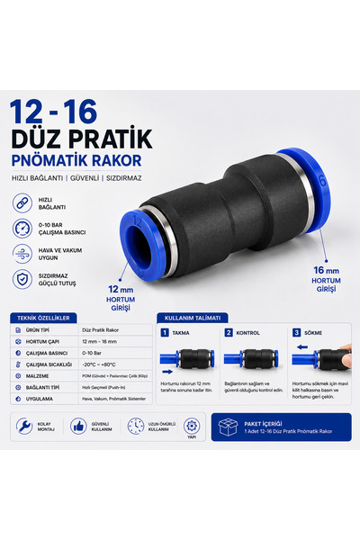 GENERAL 12-16 mm Düz Pnömatik Hortum Redüksiyon Eki Hızlı Bağlantı Rakoru