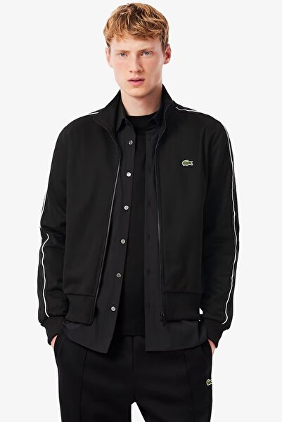 Lacoste سترة رياضية باريس بيكيه بسحاب أمامي وياقة عالية للرجال باللون الأسود