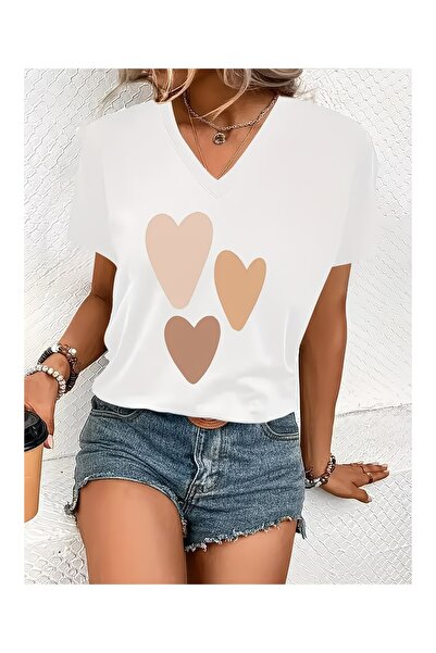 WOODROFFE Women's V-Neck Heart Printed T-Shirt Oversize Loose Fit