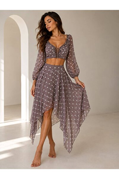 ASL WOMAN Polka Dot Chiffon Set Crop Blouse Asymmetrical Skirt