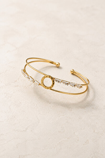 THE Steel Gold Color Roman Numeral Ring Figured Stone Women's Handcuff Bracelet