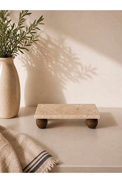 LEONEV Rectangular Travertine Top Wooden Stand Presentation Tray 24X12 cm