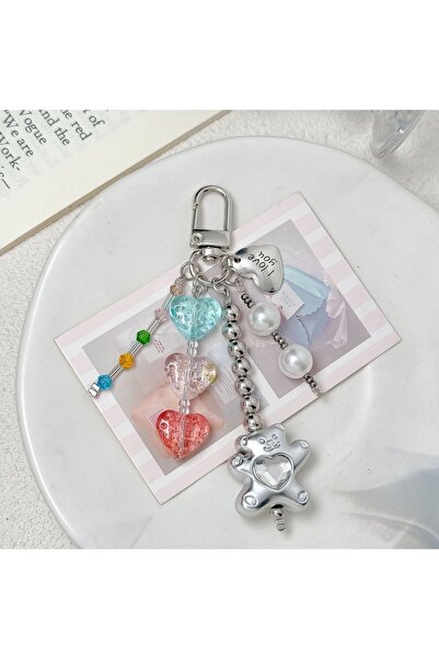 Viranes Heart Bag Accessory with Stones, Beads, and Stone Teddy Bear, Keychai...