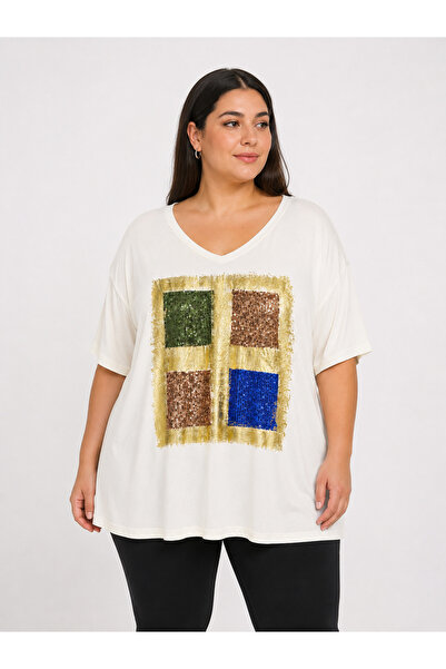 RMG Sequin Sequin Four Color Block Plus Size T-Shirt Ecru