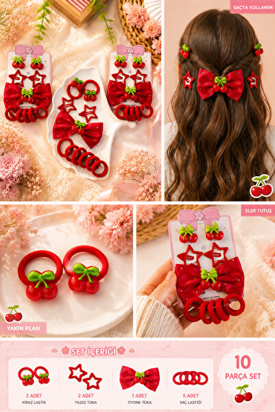 Nisankids Girl's Cherry Figured Hair Clip Set 10 Pieces – Bow, Snap Clip, and...