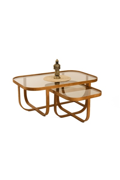 Vivense TUAL İKİLİ SET ORTA SEHPA, CEVİZ BRONZ CAM