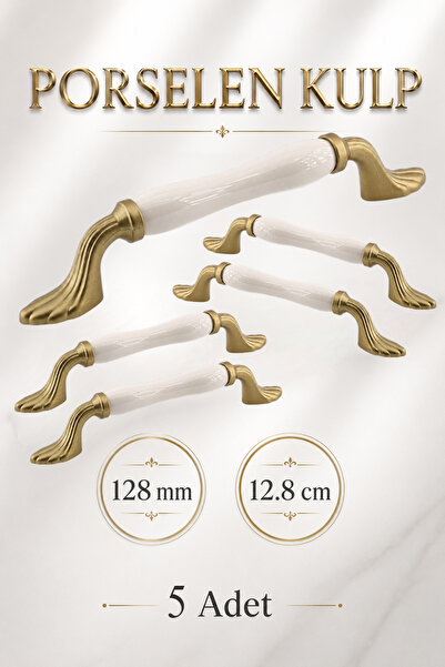 Badem10 (5 Adet) Estina Porselen Mat Altın Kulpları 128 mm 12.8 cm Mobilya Çe...