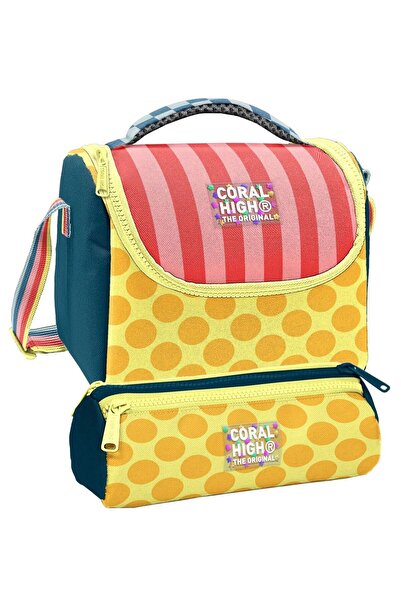 Coral High Lunchbox and Three-Compartment Pencil Holder Set - Yellow Pink Gre...