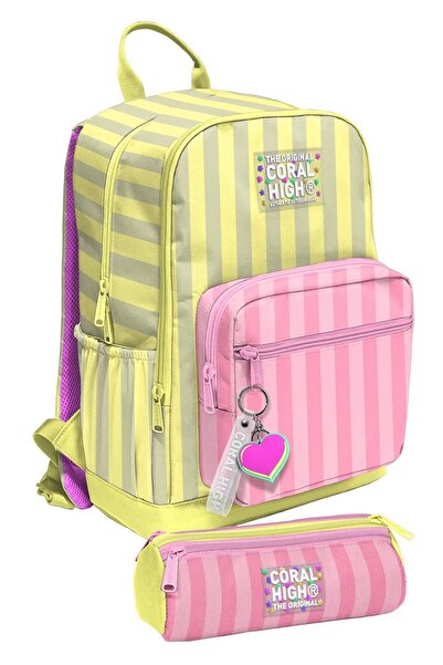 Coral High Yellow Pink Line Patterned Primary and Secondary School Backpack a...