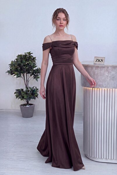 zks grup tekstil Women's Off-Shoulder Stone Strap Slit Satin Evening Dress Br...