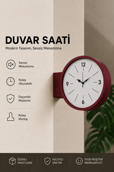Tovo Craft Modern Yuvarlak Çift Taraflı Duvar Saati Sessiz Mekanizmalı Turunc...