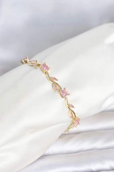 Generic Brand Brass Gold Color Pink Zircon Stone Flower Model Women's Bracelet