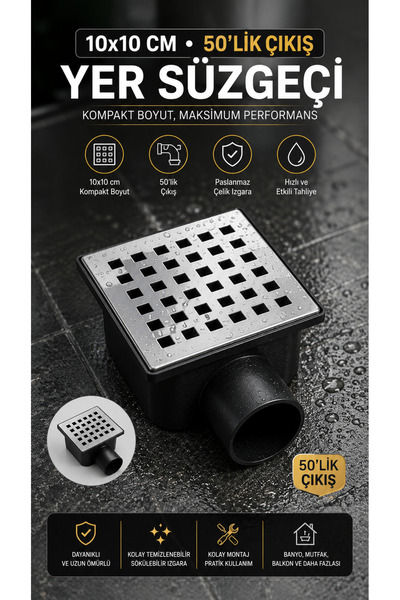 RALKEN 10x10 CM Yer Süzgeci Kare Krom – 50'lik 360° Dönebilen Yandan Çıkışlı ...
