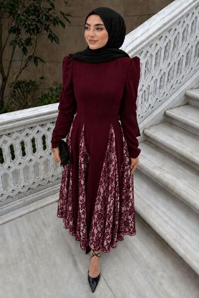 MAG FASHİON Lace Burgundy Hijab Dress Skirt Lace Bell Dress Hijab Evening Dre...