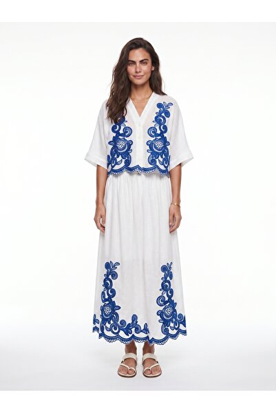 ONLOOX White Navy Blue Bat Sleeve Embroidery Detailed Buttoned Lined Skirt Sh...